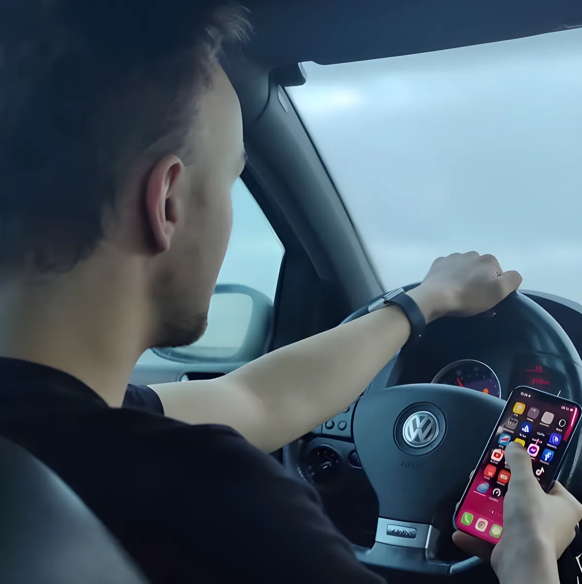 Jesper inden i bilen, som sidder bag rættet
